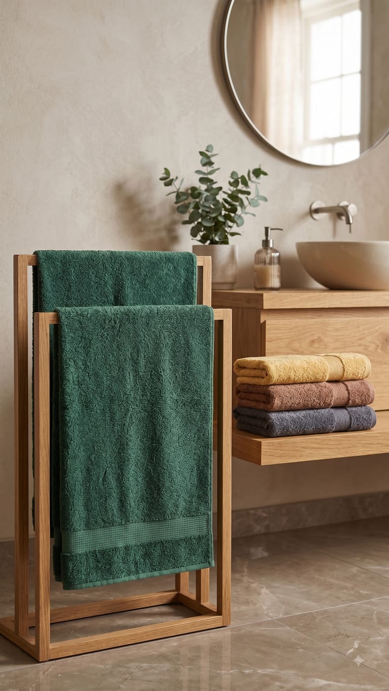 Banyo Havluları — ahşap stand üzerinde katlanmış havlular